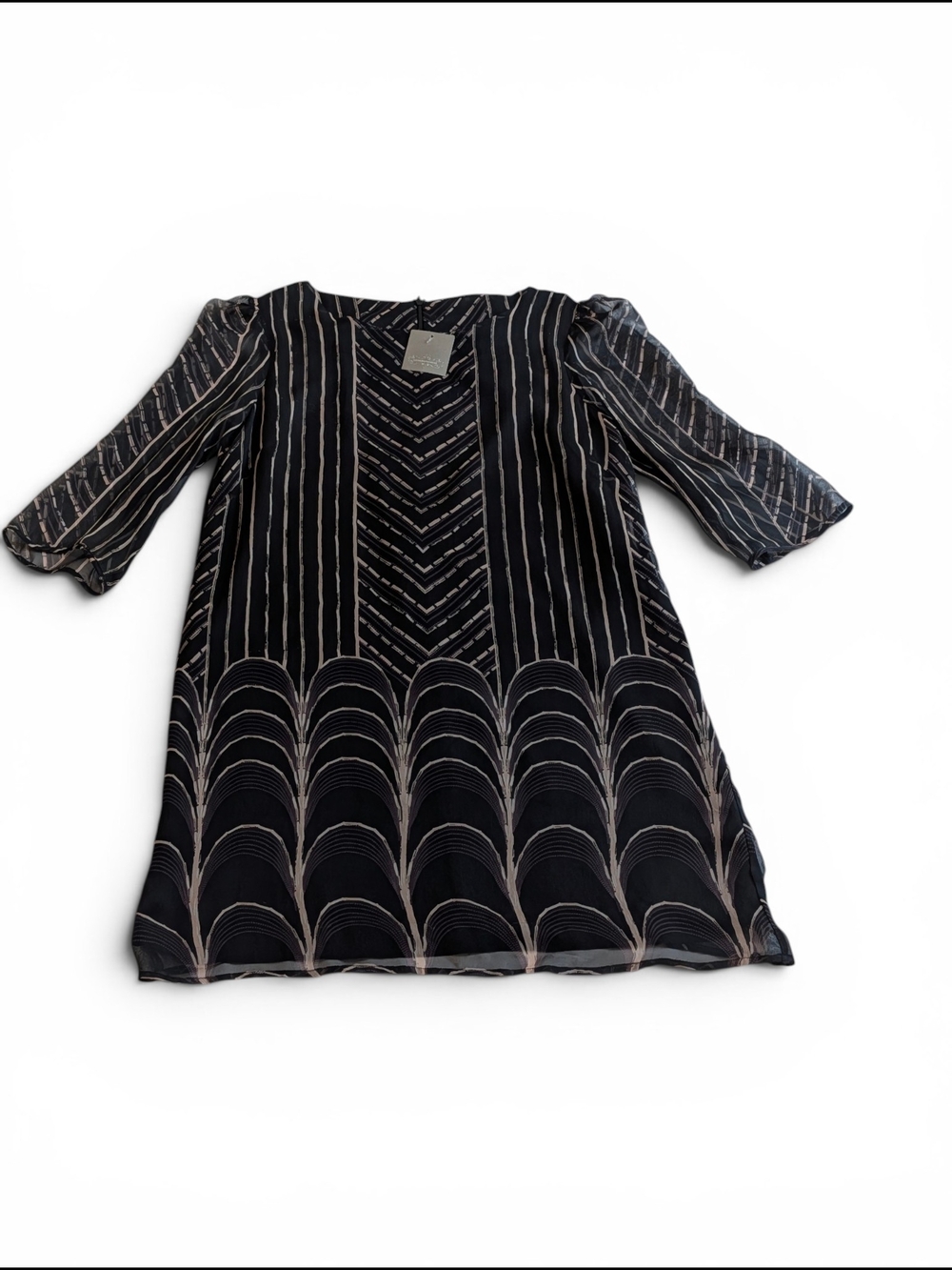 Anthropologie Black Dress with Cream Art Deco Motif 100% Silk NWT Size S